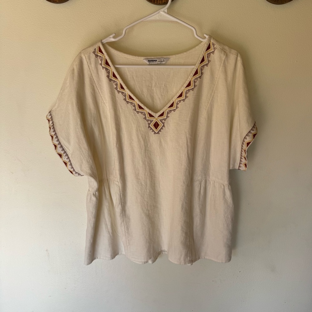 Sonoma white linen blend v neck Embroidered peasant boho Top size XL